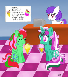 Size: 1117x1261 | Tagged: safe, artist:puddingvalkyrie, fizzy, scoops, oc, oc:pepper, earth pony, pegasus, pony, twinkle eyed pony, g1, g4, food, g1 to g4, generation leap, ice cream, satin slipper sweet shoppe, shopkeeper