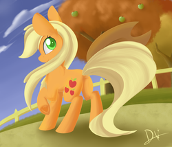 Size: 1765x1508 | Tagged: safe, artist:dusthiel, applejack, pony, g4, apple, apple tree, applebutt, butt, cloud, cloudy, colored pupils, featureless crotch, female, food, green apple, looking at you, looking back, looking back at you, missing accessory, plot, raised hoof, signature, smiling, solo, sweet apple acres, tree