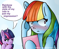 Size: 2400x2000 | Tagged: safe, artist:wolfoflife, rainbow dash, twilight sparkle, g4, alternate hairstyle, blushing, book, dialogue, embarrassed, engrish, female, high res, lesbian, manebow sparkle, ship:twidash, shipping