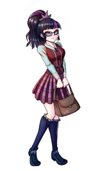 Size: 1711x2828 | Tagged: safe, artist:the-park, sci-twi, twilight sparkle, human, equestria girls, g4, bag, clothes, crystal prep academy uniform, cute, female, glasses, humanized, looking at you, moe, pleated skirt, ponytail, school uniform, shoes, simple background, skirt, socks, solo, standing, white background