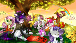 Size: 1800x1024 | Tagged: safe, artist:pinkymynery2212, apple bloom, applejack, fluttershy, pinkie pie, rarity, scootaloo, sweetie belle, twilight sparkle, alicorn, pony, g4, alternate hairstyle, ao dai, asian conical hat, calligraphy, clothes, cloud, cute, cutie mark crusaders, eyes closed, group, hair bun, hat, looking up, lunar new year, one eye closed, rainbow, smiling, tree, twilight sparkle (alicorn), vietnam, vietnamese new year