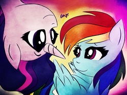 Size: 2048x1536 | Tagged: safe, artist:mylittlelevi64, rainbow dash, twilight sparkle, pegasus, pony, unicorn, g4, color porn, eye contact, female, lesbian, lidded eyes, looking at each other, ship:twidash, shipping, smiling, upside down