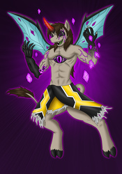 Size: 1748x2500 | Tagged: safe, artist:kamenriderpegasus, oc, oc only, alicorn, demon pony, hybrid, anthro, unguligrade anthro, alicorn oc, clothes, cloven hooves, enter, go-busters, kamen rider, male, partial nudity, solo, topless
