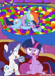 Size: 2562x3543 | Tagged: safe, artist:rainbowyoshi305, rainbow dash, rarity, twilight sparkle, alicorn, pegasus, pony, unicorn, g4, 30 day otp challenge, ball pit, blush sticker, blushing, colored pupils, cup, dashcon, dirty thoughts, extra hour, female, flashback, floppy ears, high res, hoof on chin, kissing, lesbian, levitation, looking up, magic, mare, open mouth, raised hoof, ship:twidash, shipping, sitting, sweat, sweatdrop, teacup, telekinesis, thought bubble, twilight sparkle (alicorn)