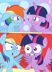 Size: 2562x3543 | Tagged: safe, artist:rainbowyoshi305, rainbow dash, twilight sparkle, alicorn, pony, g4, 30 day otp challenge, angry, blushing, do i look angry, expectation vs reality, eye contact, female, floppy ears, heart, high res, lesbian, lidded eyes, looking at each other, meme, ship:twidash, shipping, special eyes, staring contest, sweat, sweatdrop, twilight sparkle (alicorn), wavy mouth, wide eyes