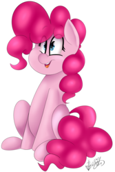 Size: 1024x1529 | Tagged: safe, artist:befishproductions, pinkie pie, earth pony, pony, g4, female, signature, simple background, sitting, smiling, solo, transparent background