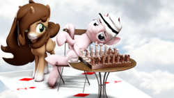 Size: 2560x1440 | Tagged: safe, artist:obsidianocelot, oc, oc only, oc:lavender, oc:savannah reed, alicorn, pegasus, pony, 3d, card, chair, chess, chessboard, female, male, mare, stallion, table