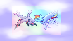 Size: 1600x900 | Tagged: safe, artist:scourgesong, rainbow dash, twilight sparkle, alicorn, pony, g4, cloud, female, flying, kissing, lesbian, ship:twidash, shipping, sky, twilight sparkle (alicorn)