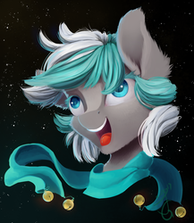 Size: 1024x1182 | Tagged: safe, artist:joan-grace, oc, oc only, oc:kyuflake, pegasus, pony, bust, clothes, derp, female, mare, portrait, scarf, solo