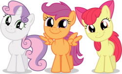 Size: 7440x4520 | Tagged: safe, artist:tomfraggle, apple bloom, scootaloo, sweetie belle, earth pony, pegasus, pony, unicorn, g4, absurd resolution, adorabloom, apple bloom's bow, bow, cute, cutealoo, cutie mark crusaders, diasweetes, hair bow, simple background, smiling, spread wings, this will end in tears and/or death and/or covered in tree sap, transparent background, vector