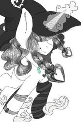 Size: 400x600 | Tagged: safe, artist:laps-sp, oc, oc only, pony, unicorn, braid, clothes, crystal, female, hat, heart hair, jewelry, mare, monochrome, necklace, partial color, socks, solo, striped socks, witch, witch hat