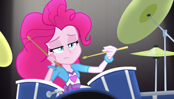 Size: 1904x1090 | Tagged: safe, screencap, pinkie pie, equestria girls, g4, my little pony equestria girls: rainbow rocks, arms, awesome as i want to be, bored, bracelet, breasts, bust, clothes, cymbals, drum kit, drum set, drums, drumsticks, female, frown, hand, hi-hat, holding, jewelry, lidded eyes, long hair, musical instrument, narrowed eyes, shirt, solo, teenager, tired, unamused, vest