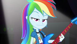Size: 1904x1090 | Tagged: safe, screencap, rainbow dash, equestria girls, g4, my little pony equestria girls: rainbow rocks, arms, awesome as i want to be, clothes, collar, electric guitar, eyebrows, female, fingers, guitar, hand, lidded eyes, long hair, musical instrument, raised eyebrow, shirt, skirt, smiling, smirk, solo, t-shirt, teenager, wristband