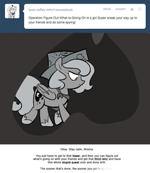 Size: 666x768 | Tagged: safe, artist:egophiliac, princess luna, pony, moonstuck, g4, cartographer's cap, female, filly, grayscale, hat, marauder's mantle, monochrome, solo, tumblr, tumblr comic, woona, younger