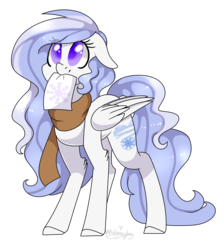 Size: 1783x1993 | Tagged: safe, artist:ohhoneybee, oc, oc only, oc:winter mist, pegasus, pony, clothes, female, mare, mouth hold, paper, scarf, simple background, solo, transparent background