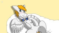 Size: 1280x719 | Tagged: safe, artist:snowstormbat, oc, oc only, oc:hunter, pegasus, pony, bed, belly button, blushing, goggles, lying down, male, on back, smiling, solo, stallion, wings