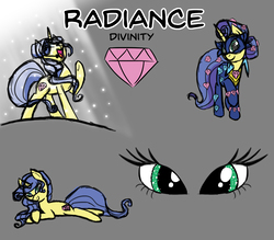 Size: 6336x5546 | Tagged: safe, artist:torusthescribe, idw, radiance, pony, unicorn, g4, absurd resolution, clothes, divinity, eye, eyes, green gardener, power ponies, reference sheet, simple background, solo
