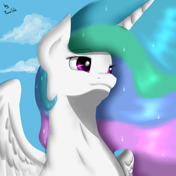 Size: 1000x1000 | Tagged: safe, artist:ruanshi, princess celestia, alicorn, pony, g4, cloud, female, missing accessory, sky, smiling, solo