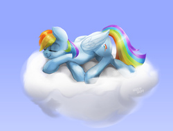 Size: 1230x936 | Tagged: safe, artist:hardbrony, rainbow dash, pony, g4, backwards cutie mark, cloud, crossed hooves, eyes closed, female, on a cloud, prone, sky, sleeping, smiling, solo