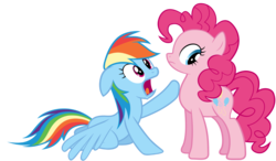Size: 1200x700 | Tagged: safe, pinkie pie, rainbow dash, g4, concerned, kneeling, simple background, transparent background, vector, worried