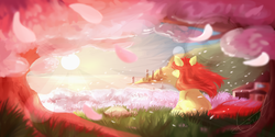 Size: 1024x512 | Tagged: safe, artist:peachmayflower, oc, oc only, pony, unicorn, cherry blossoms, female, flower, flower blossom, looking away, mare, ocean, petals, scenery, sitting, solo, sunrise, under the tree, water, windswept mane