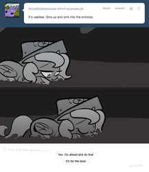 Size: 666x768 | Tagged: safe, artist:egophiliac, princess luna, the smooze, pony, moonstuck, g1, g4, cartographer's cap, eyes closed, female, filly, goop, grayscale, hat, monochrome, prone, sad, solo, tumblr, tumblr comic, woona, younger