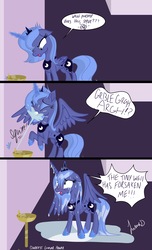 Size: 2931x4823 | Tagged: safe, artist:darkest-lunar-flower, princess luna, alicorn, pony, g4, concave belly, crying, dialogue, eyes closed, female, floppy ears, high res, magic, mare, on the moon for too long, open mouth, ribs, s1 luna, skinny, solo, spread wings, sternocleidomastoid, teary eyes, telekinesis, thin, water, water fountain, wharrgarbl, yelling