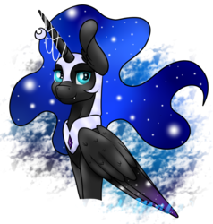 Size: 1024x1076 | Tagged: safe, artist:marsh-mal-oh, nightmare moon, alicorn, pony, g4, female, horn, horn jewelry, jewelry, nicemare moon, sitting, smiling, solo
