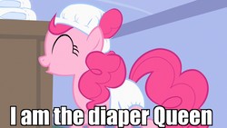 Size: 1280x720 | Tagged: safe, edit, edited screencap, screencap, pinkie pie, earth pony, pony, baby cakes, g4, changing table, diaper, diaper on head, eyes closed, female, image macro, meme, non-baby in diaper, outfit catalog, raised hoof, smiling, solo, sugarcube corner