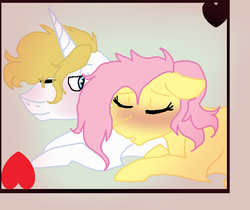 Size: 714x600 | Tagged: safe, artist:pictureheart, fluttershy, prince blueblood, g4, blueshy, blushing, female, male, shipping, straight, tired