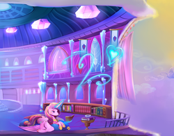 Size: 2100x1650 | Tagged: safe, artist:viwrastupr, part of a set, princess cadance, alicorn, pony, g4, balcony, book, bookshelf, bowl, cloud, color porn, female, heart, lying down, magic, mare, pillow, prone, reading, sky, solo, spread wings, table, telekinesis, wings