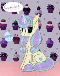 Size: 800x1010 | Tagged: safe, artist:verabrony, oc, oc only, pony, unicorn, cupcake, food, glowing horn, horn, magic, solo, telekinesis