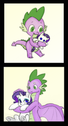 Size: 1217x2259 | Tagged: safe, artist:cabrony, artist:kianamai, color edit, edit, rarity, spike, dragon, pony, castle sweet castle, g4, 2 panel comic, :t, colored, comic, crush plush, cute, eyeshadow, female, holding a pony, hug, makeup, male, older, older spike, petting, pouting, raribetes, rarity is not amused, rarity plushie, scrunchy face, ship:sparity, shipping, size difference, smiling, spikabetes, spread wings, straight, unamused, underhoof, winged spike, wings