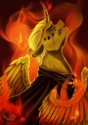 Size: 2800x4000 | Tagged: safe, artist:das_leben, oc, oc only, oc:hairwhite, alicorn, pony, alicorn oc, crossover, crying, disney, eyes closed, fire, hellfire, high res, male, signature, solo, stallion, the hunchback of notre dame