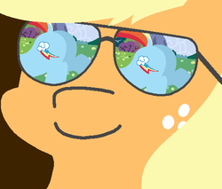 Size: 502x428 | Tagged: safe, artist:threetwotwo32232, applejack, rainbow dash, earth pony, pegasus, pony, g4, butt, dock, female, glasses, lesbian, looking at butt, plot, raised tail, reflection, ship:appledash, shipping, tail