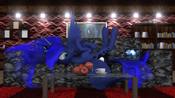 Size: 4000x2250 | Tagged: safe, artist:thelunagames, princess luna, queen chrysalis, twilight sparkle, alicorn, pony, g4, 3d, apple, bookshelf, cinema 4d, computer, couch, cup, female, food, laptop computer, on back, sculpture, solo, teacup, traditional art, twilight sparkle (alicorn)