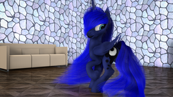 Size: 4000x2250 | Tagged: safe, artist:thelunagames, princess luna, alicorn, pony, g4, 3d, cinema 4d, couch, female, fluffy, raised hoof, smiling, solo