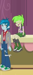 Size: 220x504 | Tagged: safe, screencap, cherry crash, thunderbass, equestria girls, g4, my little pony equestria girls: rainbow rocks, background human, boots, clothes, ear piercing, earring, fingerless gloves, gloves, high heel boots, jacket, jewelry, necktie, piercing, ripped pants, shoes, sneakers