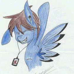 Size: 515x515 | Tagged: source needed, safe, artist:joshua, oc, oc only, oc:bizarre song, pegasus, pony, earbuds, messy mane, mp3 player, solo, traditional art