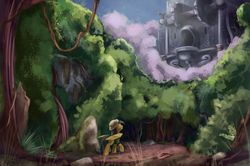 Size: 2027x1347 | Tagged: safe, artist:insanerobocat, daring do, pegasus, pony, g4, clearing, clothes, female, forest, hat, lost city, mare, raised leg, scenery, scenery porn, solo