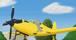 Size: 1870x994 | Tagged: safe, artist:coreboot, oc, oc only, pony, advertisement, airfield, auction, commission, plane, sky, solo, war thunder, ych result
