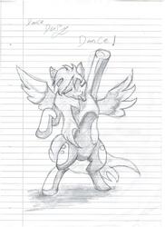 Size: 1700x2338 | Tagged: safe, artist:joey012, derpibooru exclusive, derpy hooves, pony, g4, bipedal, eyes closed, female, lined paper, monochrome, solo, spread wings, tongue out, traditional art
