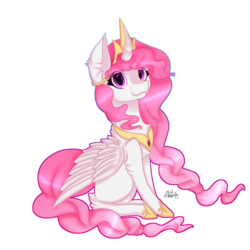 Size: 3850x3850 | Tagged: safe, artist:zombiecupcake101, princess celestia, alicorn, pony, g4, cewestia, cute, cutelestia, female, filly, high res, pink-mane celestia, sitting, smiling, solo, wavy mouth, younger