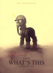 Size: 604x821 | Tagged: safe, artist:dimfann, edit, oc, oc only, pony, unicorn, clothes, gas mask, helmet, looking back, mask, military uniform, movie poster, owo, owo what's this?, parody, solo, uniform