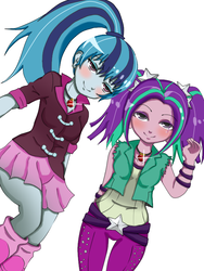 Size: 600x800 | Tagged: safe, artist:てゆな, aria blaze, sonata dusk, equestria girls, g4, my little pony equestria girls: rainbow rocks, bedroom eyes, blushing, boots, clothes, jewelry, looking at you, necklace, pants, pigtails, ponytail, skirt, socks, twintails