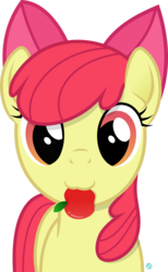 Size: 1800x2918 | Tagged: safe, artist:arifproject, apple bloom, earth pony, pony, g4, adorabloom, apple, arif's scrunchy pone, bow, cute, female, filly, food, looking at you, mouth hold, nom, red hair, red tail, simple background, solo, transparent background, vector