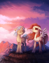 Size: 1560x2000 | Tagged: safe, artist:natanatfan, oc, oc only, pegasus, pony, unicorn, duo, eyepatch, eyes closed, female, mare, sunset