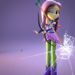 Size: 720x720 | Tagged: safe, artist:efk-san, fluttershy, equestria girls, g4, my little pony equestria girls: friendship games, 3d, 3d model, archery, arrow, blender, bow (weapon), bow and arrow, clothes, female, fourth wall, oops, solo, weapon
