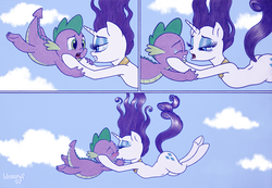 Size: 1880x1299 | Tagged: safe, artist:dubstepina, rarity, spike, dragon, pony, unicorn, g4, secret of my excess, blushing, comic, crying, falling, female, fire ruby, kiss on the lips, kissing, making out, male, mare, scene interpretation, ship:sparity, shipping, straight
