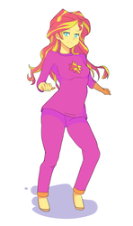 Size: 2677x4537 | Tagged: safe, artist:jamescervantes, artist:jimoh, sunset shimmer, equestria girls, g4, clothes, female, high res, hoof feet, pajamas, pants, pixiv, simple background, solo, white background